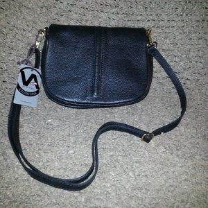 VALENTINA-Black Pebbled Leather Flap Bag/Front Stitching-NWT